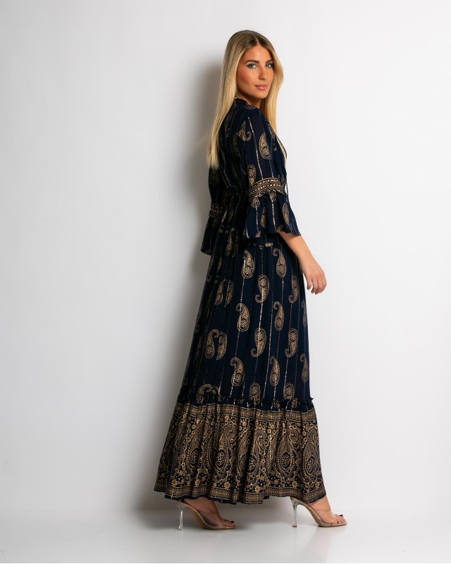 Φόρεμα boho με τρουακαρ μανίκι navy χρυσό Φόρεμα boho με τρουακαρ μανίκι navy χρυσό