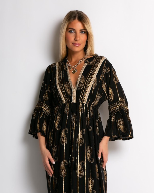 Φόρεμα boho με τρουακαρ μανίκι μπεζ χρυσό
