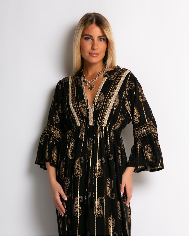 Φόρεμα boho με τρουακαρ μανίκι μαύρο χρυσό Φόρεμα boho με τρουακαρ μανίκι μαύρο χρυσό