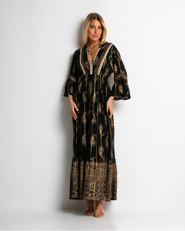 Φόρεμα boho με τρουακαρ μανίκι μαύρο χρυσό Φόρεμα boho με τρουακαρ μανίκι μαύρο χρυσό