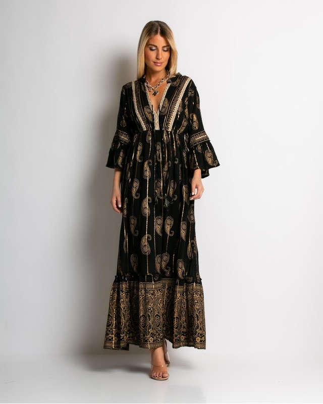 Φόρεμα boho με τρουακαρ μανίκι μαύρο χρυσό Φόρεμα boho με τρουακαρ μανίκι μαύρο χρυσό