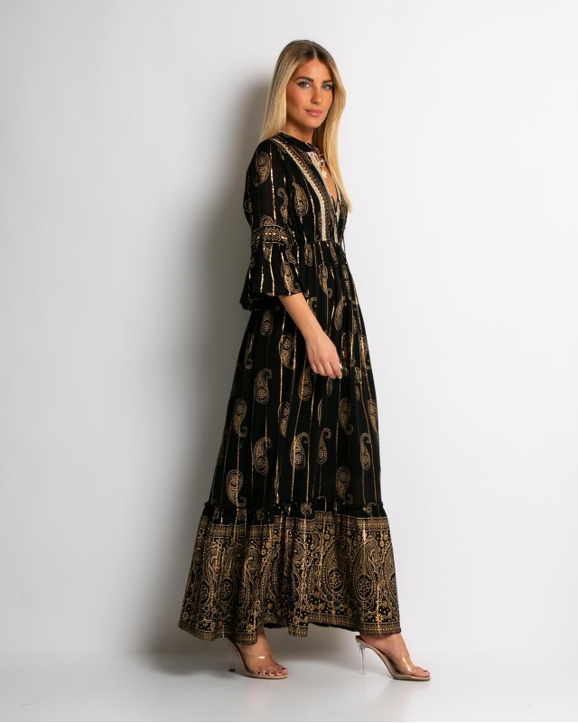 Φόρεμα boho με τρουακαρ μανίκι μαύρο χρυσό Φόρεμα boho με τρουακαρ μανίκι μαύρο χρυσό