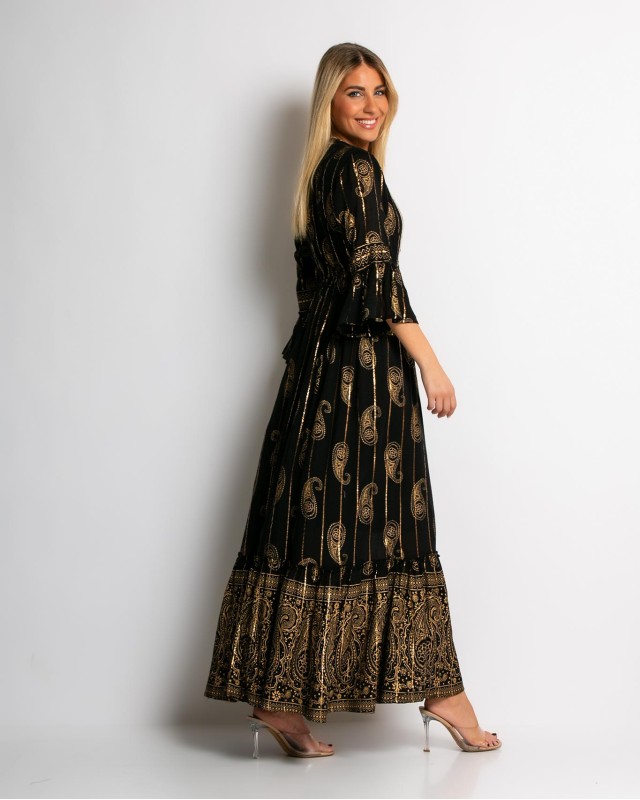 Φόρεμα boho με τρουακαρ μανίκι μαύρο χρυσό Φόρεμα boho με τρουακαρ μανίκι μαύρο χρυσό