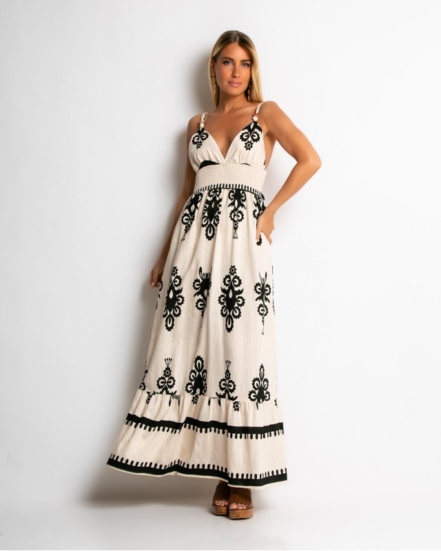 Φόρεμα boho με μοτίβα μπεζ-μαύρο Φόρεμα boho με μοτίβα μπεζ-μαύρο