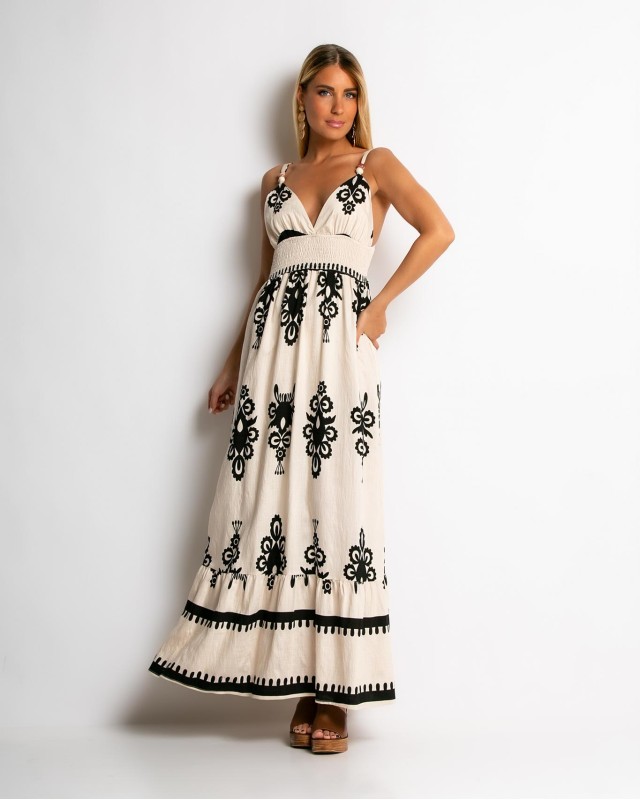 Φόρεμα boho με μοτίβα μπεζ-μαύρο Φόρεμα boho με μοτίβα μπεζ-μαύρο