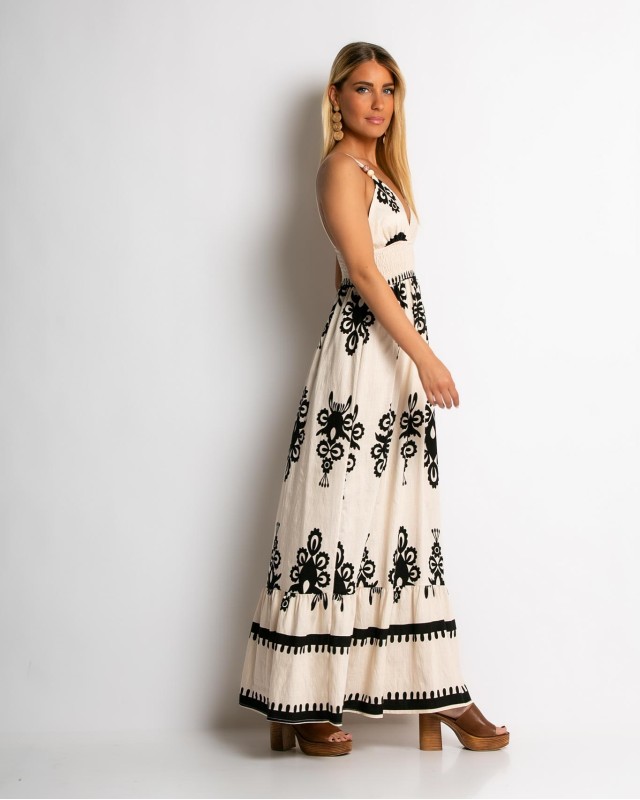 Φόρεμα boho με μοτίβα μπεζ-μαύρο Φόρεμα boho με μοτίβα μπεζ-μαύρο