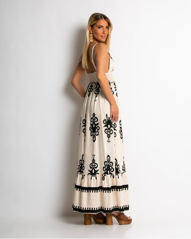 Φόρεμα boho με μοτίβα μπεζ-μαύρο Φόρεμα boho με μοτίβα μπεζ-μαύρο