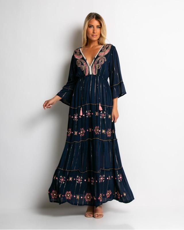 Φόρεμα με χρυσό print & V λαιμόκοψη navy-ροζ Φόρεμα με χρυσό print & V λαιμόκοψη navy-ροζ