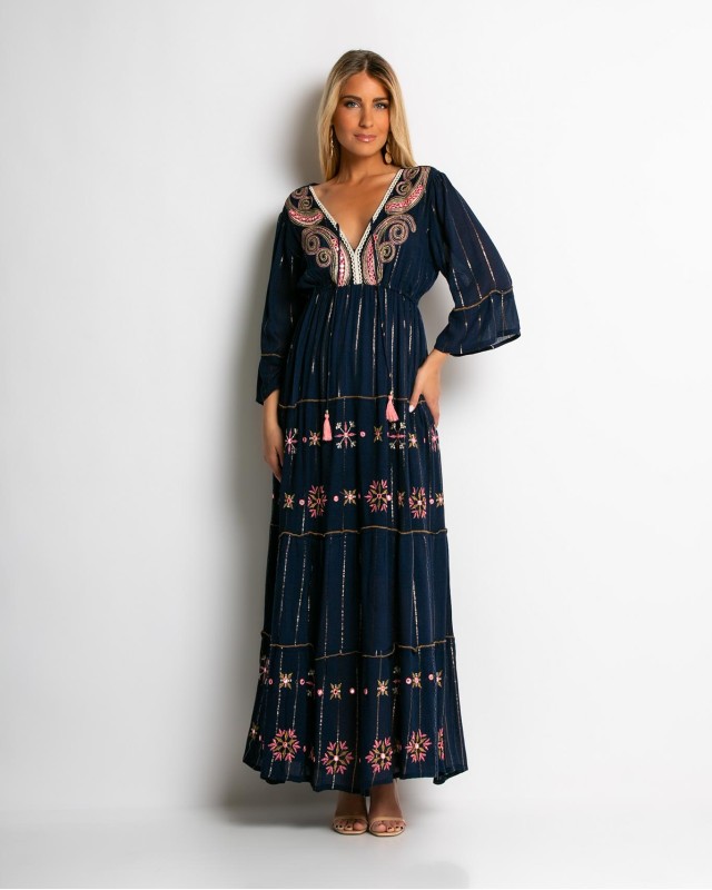 Φόρεμα με χρυσό print & V λαιμόκοψη navy-ροζ Φόρεμα με χρυσό print & V λαιμόκοψη navy-ροζ
