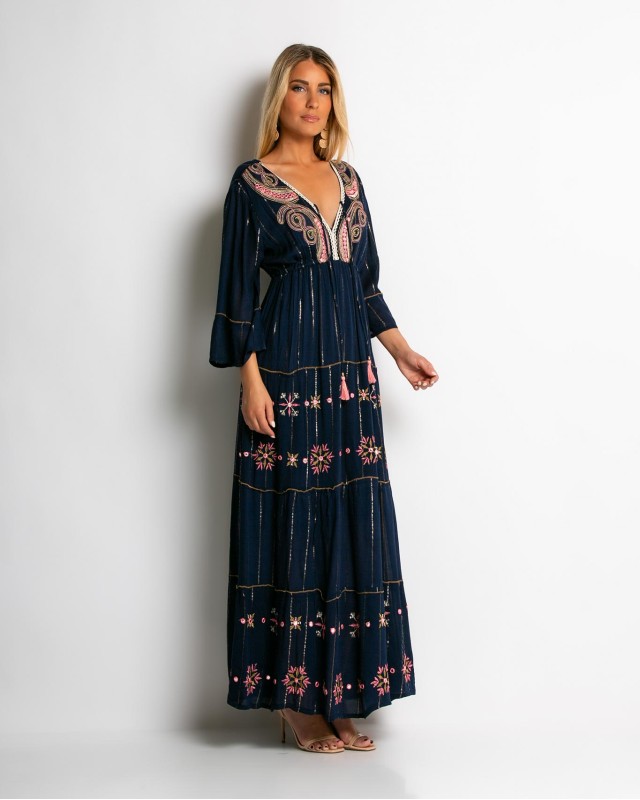 Φόρεμα με χρυσό print & V λαιμόκοψη navy-ροζ Φόρεμα με χρυσό print & V λαιμόκοψη navy-ροζ