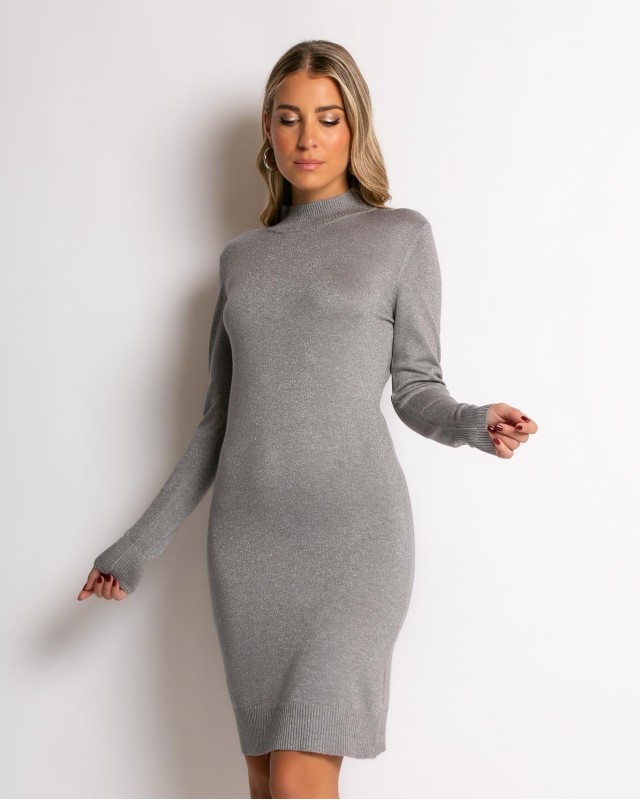 Φόρεμα midi λούρεξ με κλειστή λαιμόκοψη λούρεξ γκρι