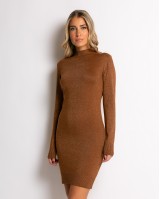 Φόρεμα midi λούρεξ με κλειστή λαιμόκοψη λούρεξ καφέ