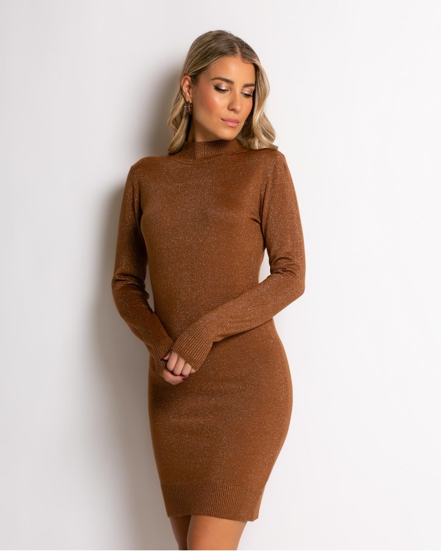 Φόρεμα midi λούρεξ με κλειστή λαιμόκοψη λούρεξ καφέ