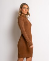 Φόρεμα midi λούρεξ με κλειστή λαιμόκοψη λούρεξ καφέ