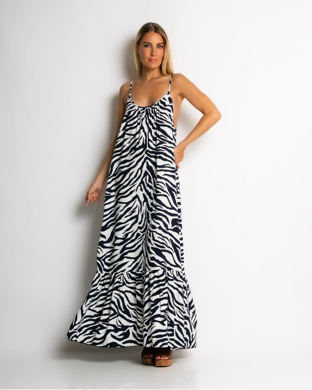 Φόρεμα animal print με βολάν τελείωμα navy Φόρεμα animal print με βολάν τελείωμα navy