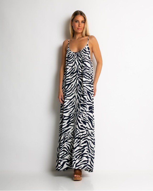Φόρεμα animal print με βολάν τελείωμα navy Φόρεμα animal print με βολάν τελείωμα navy