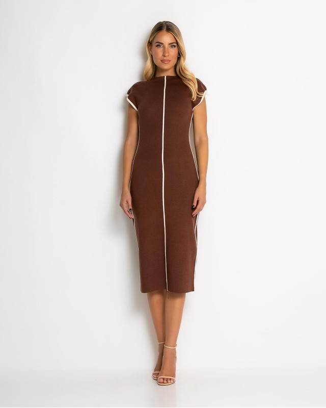 Φόρεμα πλεκτό με απαλή υφή & κάθετες γραμμές καφέ