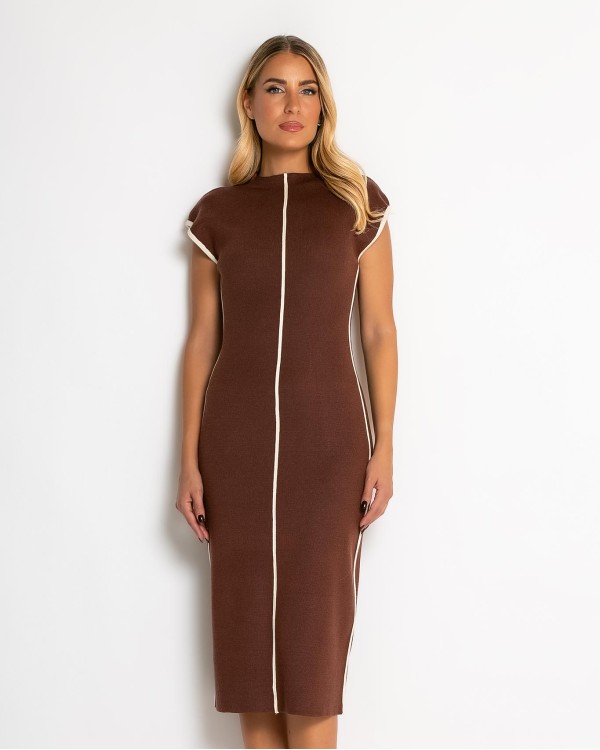 Φόρεμα πλεκτό με απαλή υφή & κάθετες γραμμές καφέ