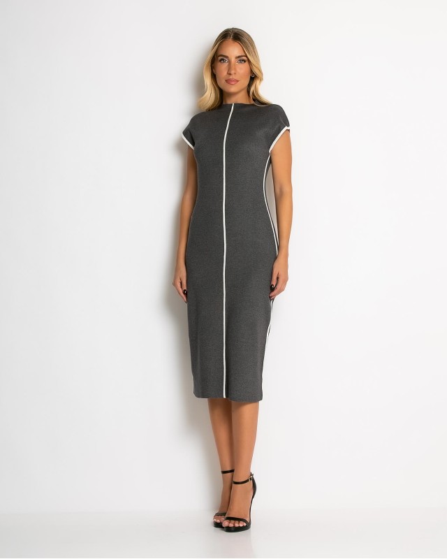 Φόρεμα πλεκτό με απαλή υφή & κάθετες γραμμές ανθρακί