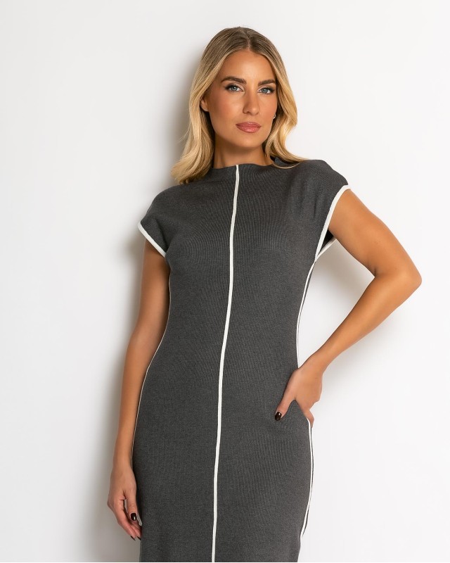 Φόρεμα πλεκτό με απαλή υφή & κάθετες γραμμές ανθρακί