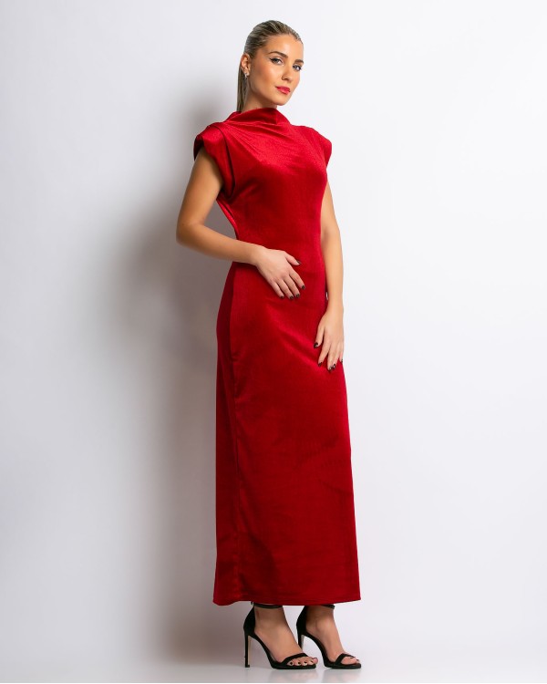 Φόρεμα maxi με βάτες και κλειστή λαιμόκοψη βελουτέ κόκκινο
