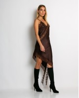 Φόρεμα ασύμμετρο με δαντέλα καφέ