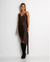 Φόρεμα ασύμμετρο με δαντέλα καφέ