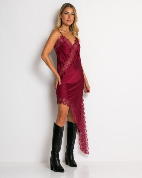 Φόρεμα ασύμμετρο με δαντέλα μπορντώ