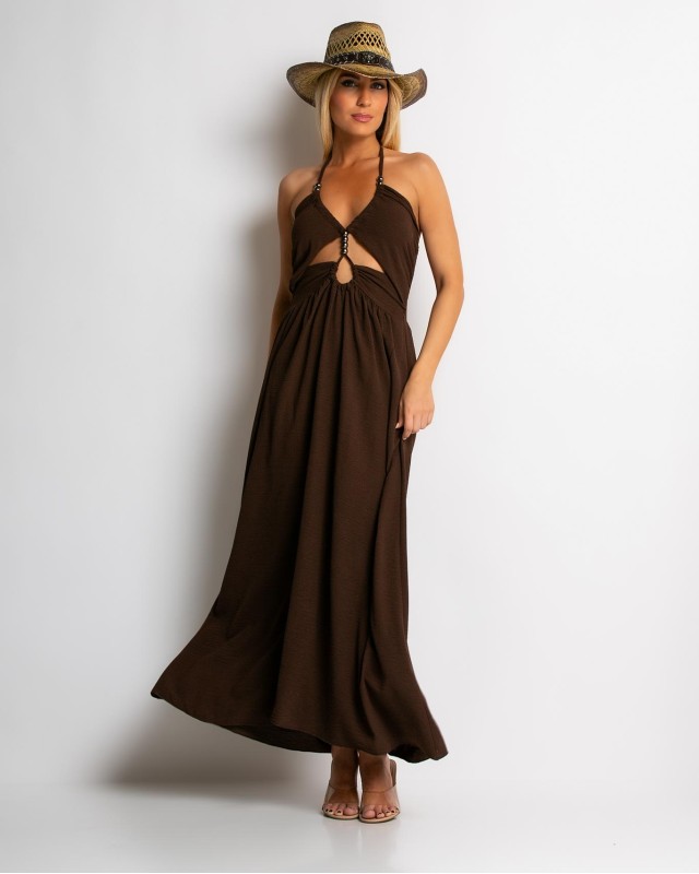 Φόρεμα maxi με cut out καφέ
