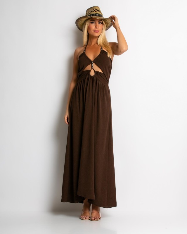 Φόρεμα maxi με cut out καφέ