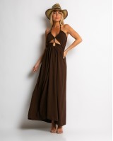 Φόρεμα maxi με cut out καφέ