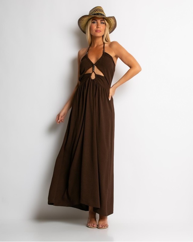 Φόρεμα maxi με cut out καφέ