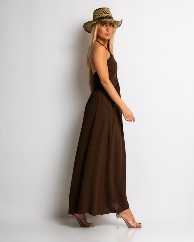 Φόρεμα maxi με cut out καφέ