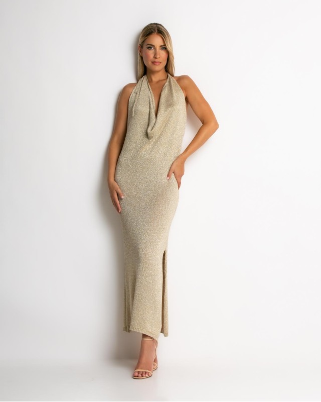 Φόρεμα lurex με ανοιχτή πλάτη χρυσό Φόρεμα lurex με ανοιχτή πλάτη χρυσό