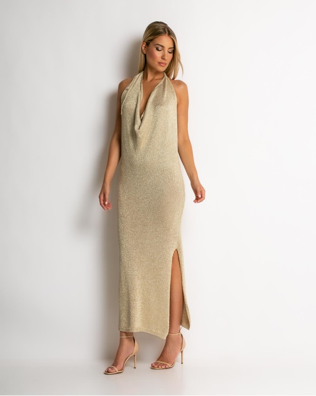 Φόρεμα lurex με ανοιχτή πλάτη χρυσό Φόρεμα lurex με ανοιχτή πλάτη χρυσό