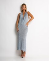 Φόρεμα lurex με ανοιχτή πλάτη γαλάζιο
