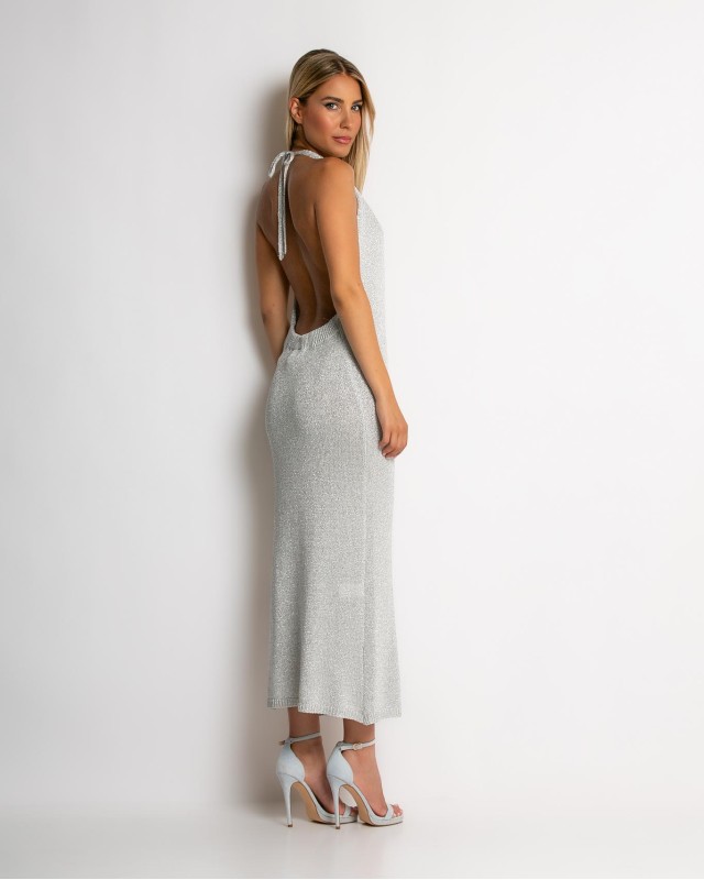 Φόρεμα lurex με ανοιχτή πλάτη ασημί Φόρεμα lurex με ανοιχτή πλάτη ασημί