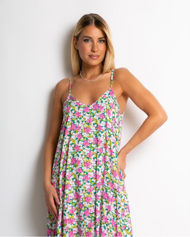 Φόρεμα floral με V ροζ-πράσινο Φόρεμα floral με V ροζ-πράσινο