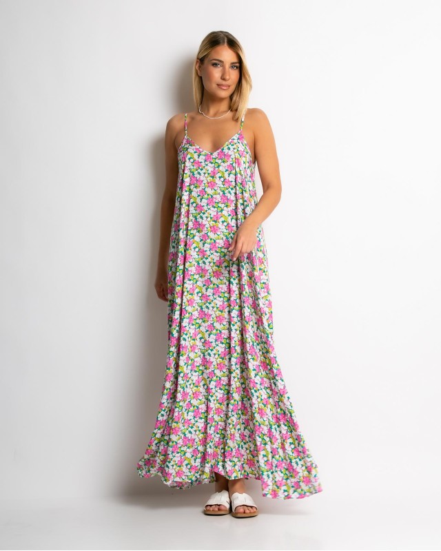 Φόρεμα floral με V ροζ-πράσινο Φόρεμα floral με V ροζ-πράσινο