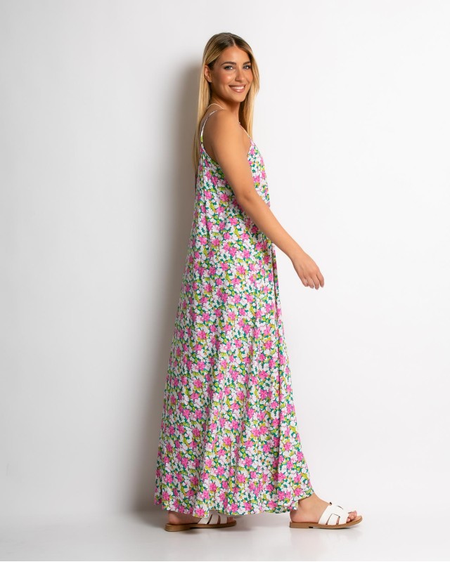 Φόρεμα floral με V ροζ-πράσινο Φόρεμα floral με V ροζ-πράσινο