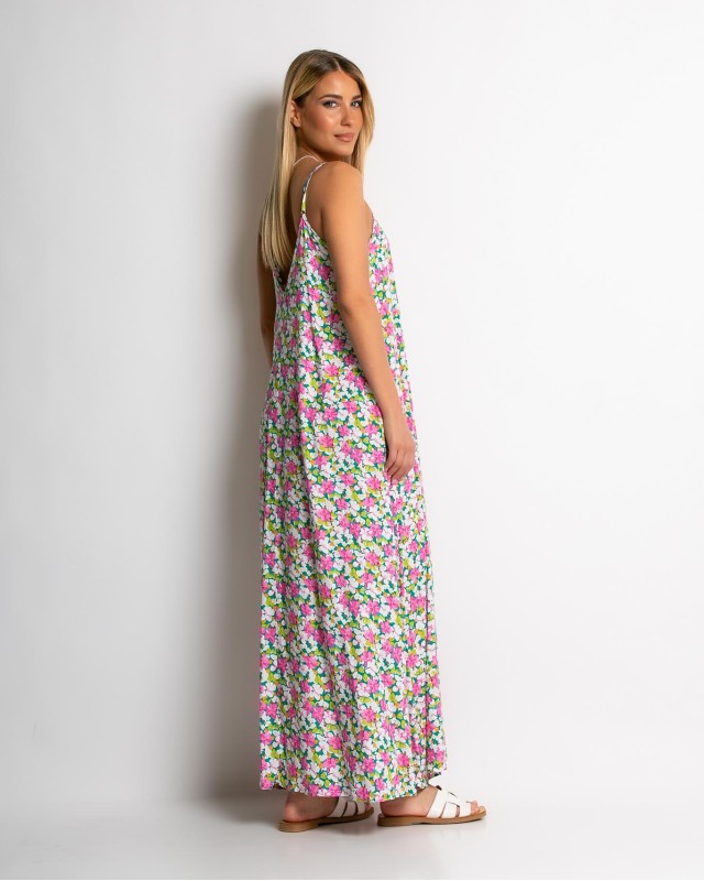 Φόρεμα floral με V ροζ-πράσινο Φόρεμα floral με V ροζ-πράσινο
