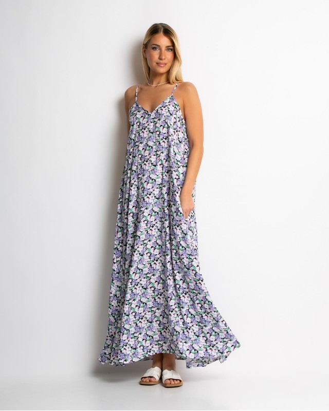 Φόρεμα floral με V μωβ Φόρεμα floral με V μωβ
