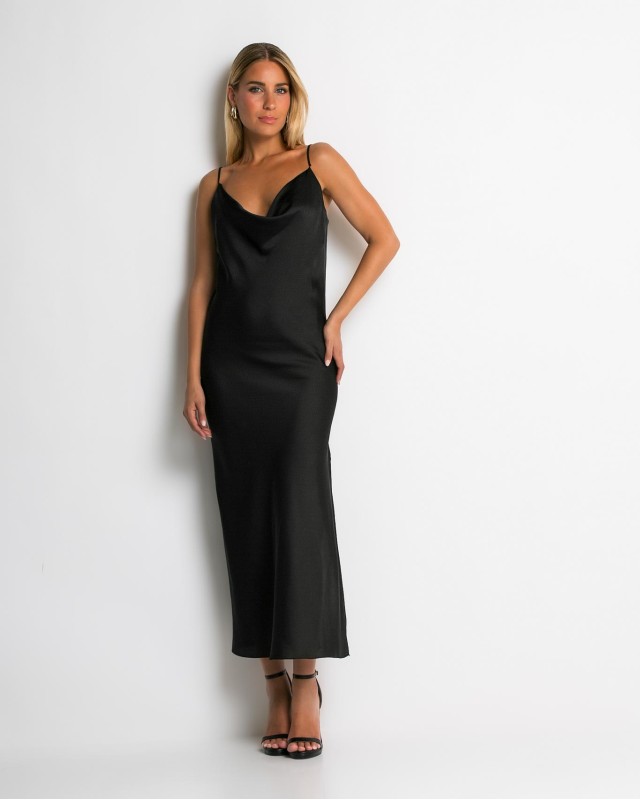 Φόρεμα ντραπέ με σκίσιμο στο πλάι μαύρο