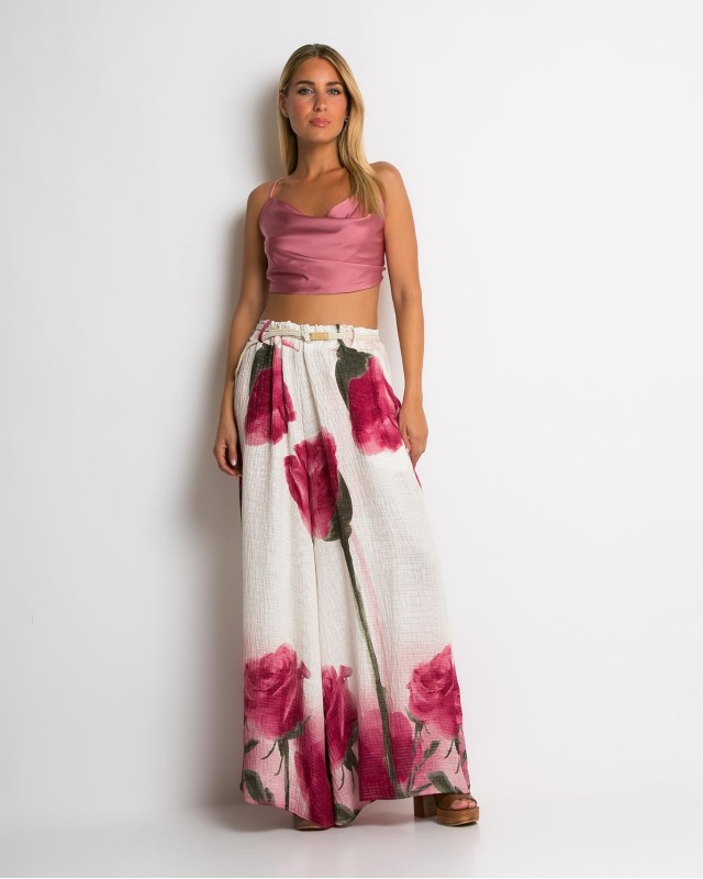 Παντελόνα με floral print και ζωνάκι εκρού