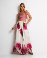 Παντελόνα με floral print και ζωνάκι εκρού