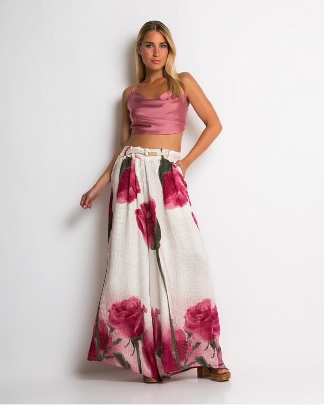 Παντελόνα με floral print και ζωνάκι εκρού