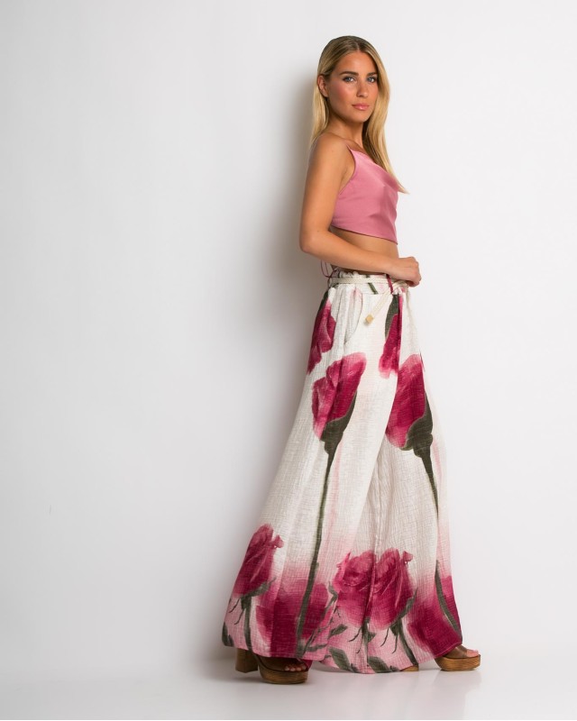 Παντελόνα με floral print και ζωνάκι εκρού