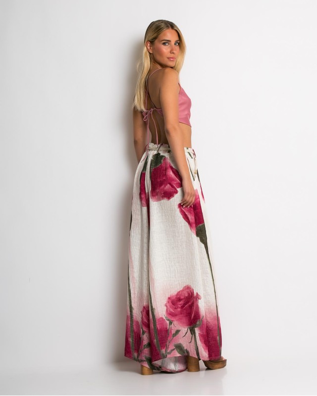 Παντελόνα με floral print και ζωνάκι εκρού