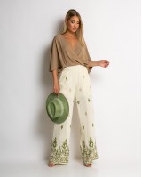 Παντελόνα με boho print εκρού - χακί