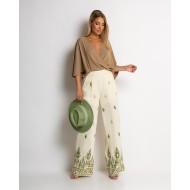 Παντελόνα με boho print εκρού - χακί